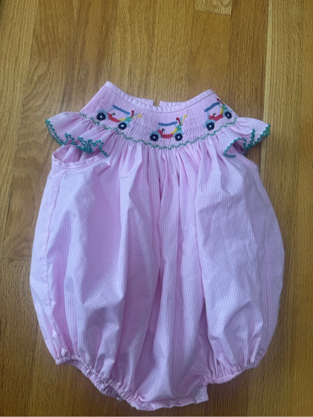 Stitchy Fish- Gingham Pink Golf Bubble Romper 12-18 mo